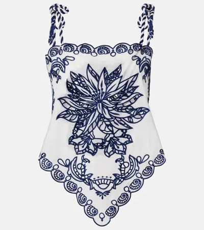 Farm Rio Garden Tiles Embroidered Richelieu Top In White