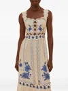 Farm Rio Cross Stitch Richeliue Sunflower Midi Dress Off-white In Neutral