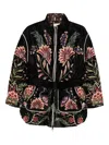 Farm Rio Padded Velvet Jacket With Floral And Bird Embroidery In Black
