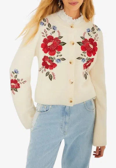 Farm Rio Floral Embroidered Knit Cardigan In Neutral