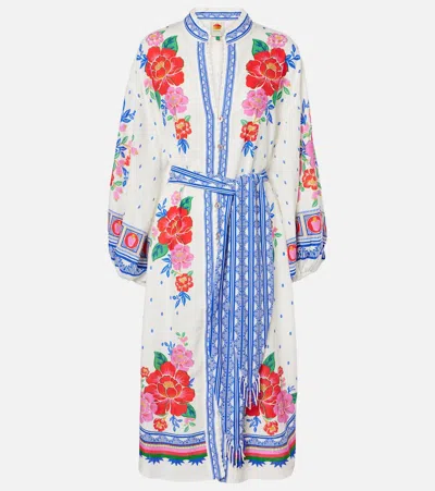 Farm Rio Floral Embroidered Linen-blend Midi Dress In Off-white