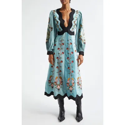 Farm Rio Floral Embroidered Long Sleeve Cutout Linen Midi Dress In Multicolor