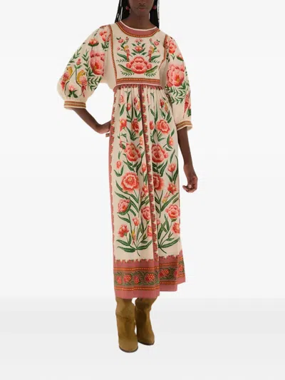 Farm Rio Floral-embroidered Puff-sleeve Midi Dress In Neutral
