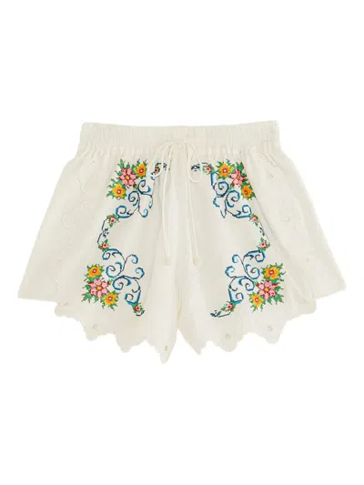 Farm Rio Floral-embroidered Scalloped Shorts In White