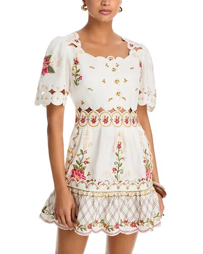 Farm Rio Floral Embroidered Short Sleeve Mini Dress In White
