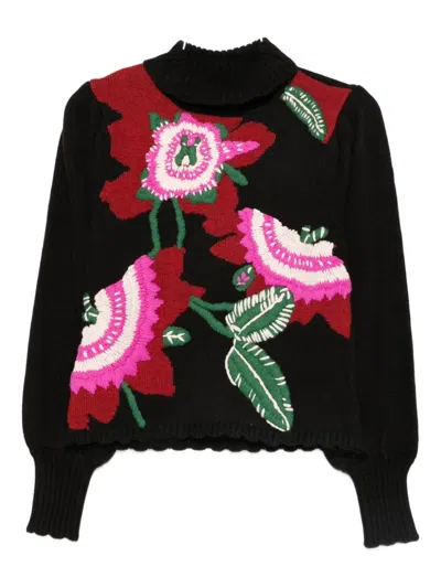 FARM RIO FLORAL-EMBROIDERED SWEATER