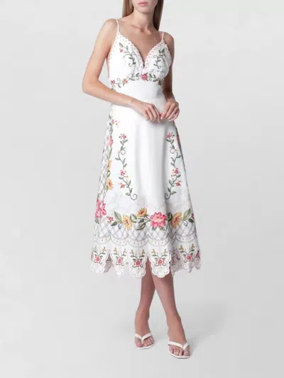 Farm Rio Floral Embroidery Midi Dress Scalloped Straps In Multi
