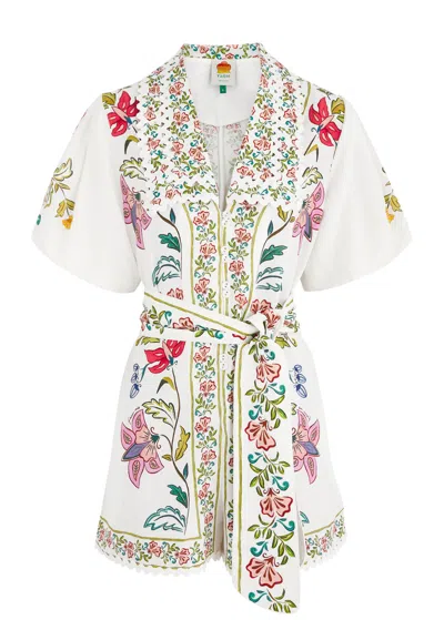 Farm Rio Floral Insects Printed Linen-blend Playsuit In White
