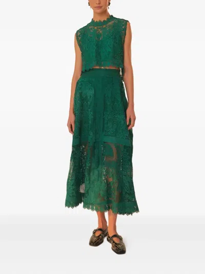 Farm Rio Floral-lace Midi Skirt In Green