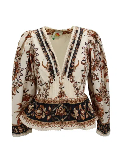 Farm Rio Floral Lace-trim Shirt In Multi