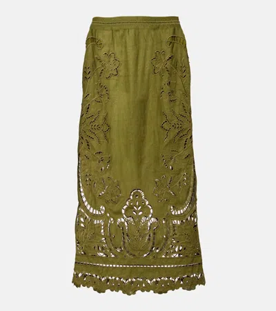 Farm Rio Floral Lace-trimmed Linen Midi Skirt In Green