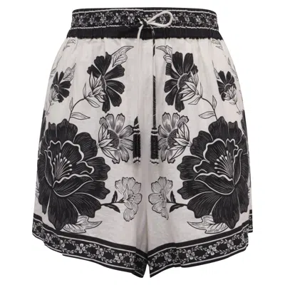 Farm Rio Floral Leopard Printed Drawstring Shorts In White Linen In Black