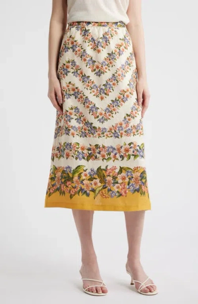 Farm Rio Floral Linen Midi Skirt In Multi