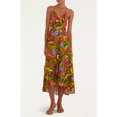 Farm Rio Floral Linen Wrap Dress In Brown