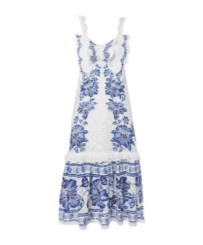 Farm Rio Floral Linen-blend Midi Dress In Blue