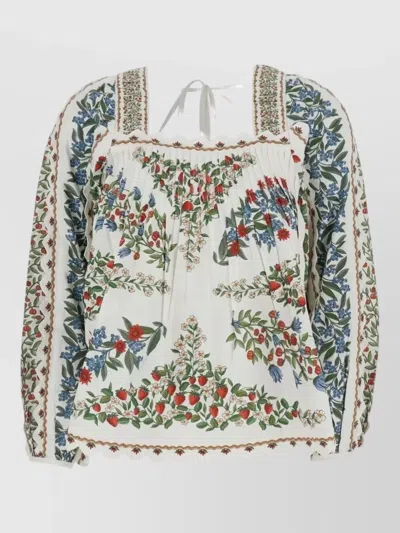Farm Rio Floral Long Sleeve Blouse Smocked Neckline In Multi