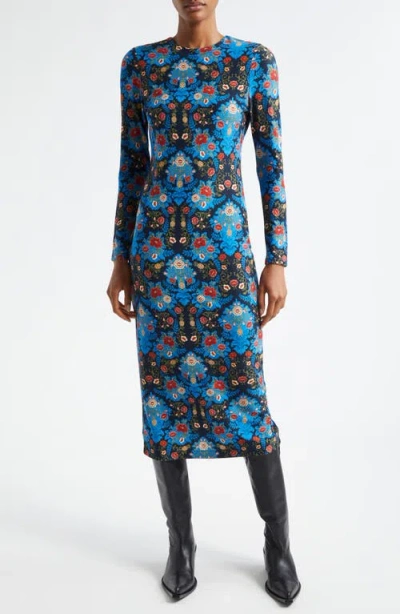 Farm Rio Floral Long Sleeve Jersey Dress In Arabesque Floral Blue