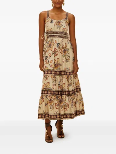 Farm Rio Aura Floral Sleeveless Midi Dress In Sand In Brown