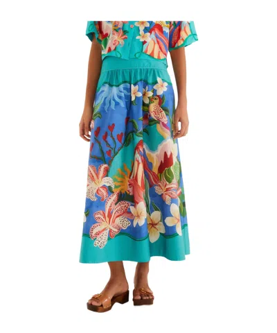 Farm Rio Floral Midi Skirt In Blue