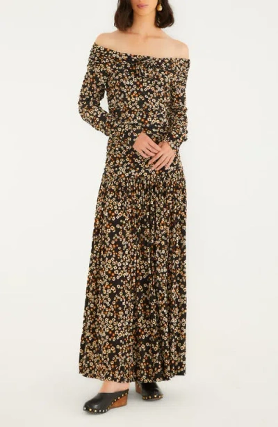 Farm Rio Floral Off The Shoulder Long Sleeve Maxi Dress In Gray