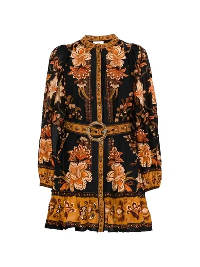 Farm Rio Majestic Garden Multicolor Crewneck Mini Dress With All-over Floral Motif And Front Belt In Cotton W