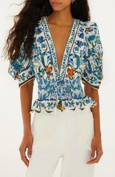 Farm Rio Womens Flora Tile Off-white Flora Tile Puff-sleeve Cotton Blouse In Blue