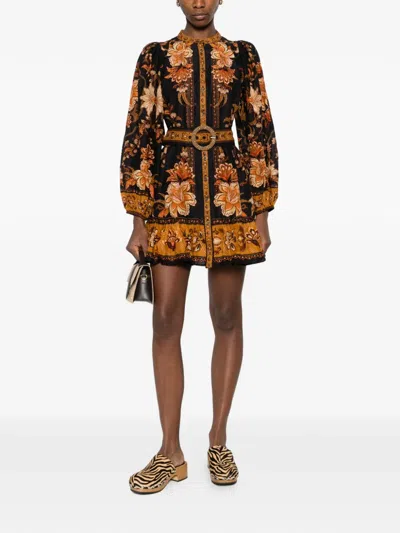 Farm Rio Majestic Garden Multicolor Crewneck Mini Dress With All-over Floral Motif And Front Belt In Cotton W