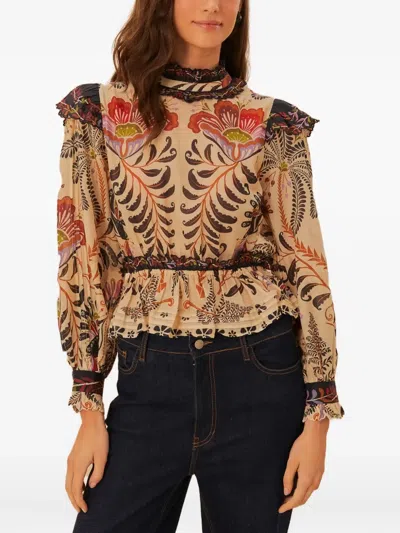 Farm Rio Floral-print Blouse In Neutral