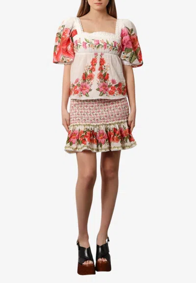 Farm Rio Floral Print Blouse With Open-back In Red