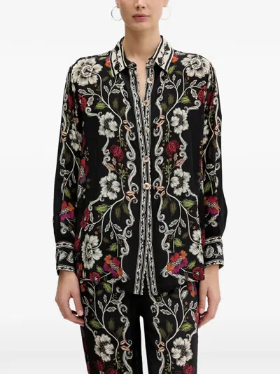 Farm Rio Floral-print Button-up Shirt In Black