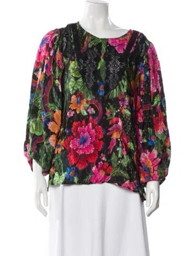 Pre-owned Farm Rio Floral Print Crew Neck Blouse In Black