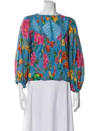 Pre-owned Farm Rio Floral Print Crew Neck Blouse In Blue