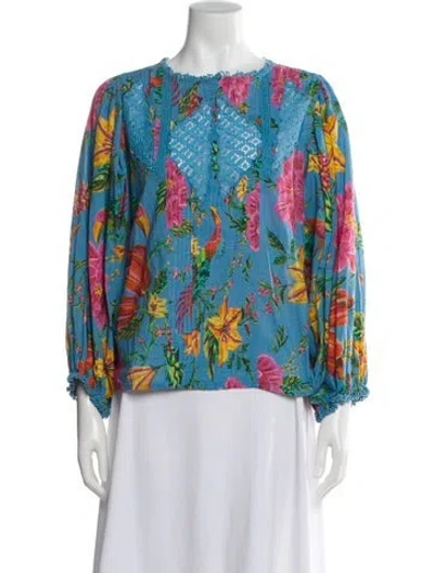 Pre-owned Farm Rio Floral Print Crew Neck Blouse In Blue