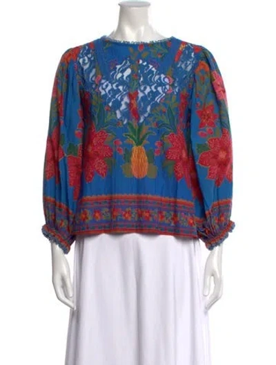 Pre-owned Farm Rio Floral Print Crew Neck Blouse In Blue