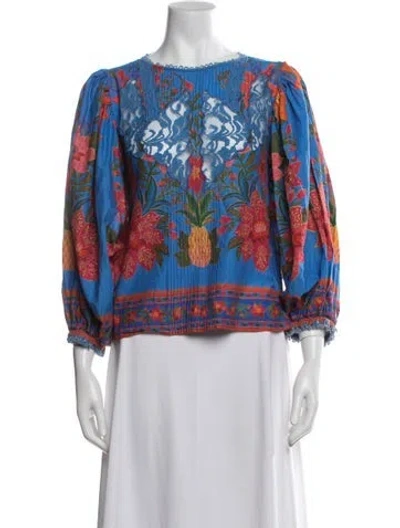 Pre-owned Farm Rio Floral Print Crew Neck Blouse In Blue