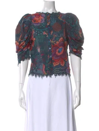 Pre-owned Farm Rio Floral Print Crew Neck Blouse In Green