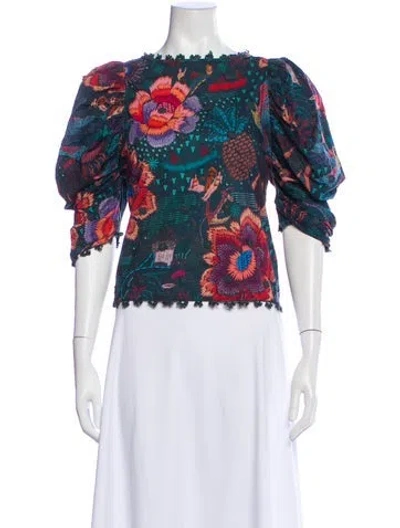 Pre-owned Farm Rio Floral Print Crew Neck Blouse In Green