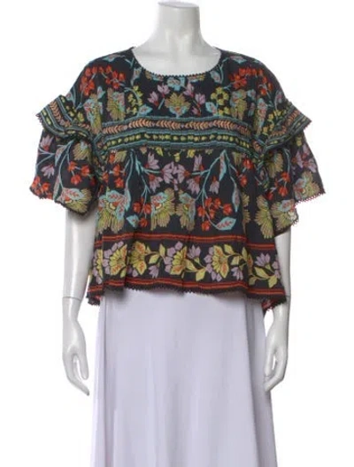 Pre-owned Farm Rio Floral Print Crew Neck Blouse In Multi