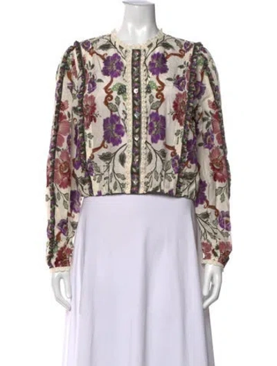 Pre-owned Farm Rio Floral Print Crew Neck Blouse In Neutrals