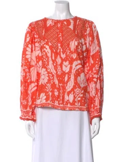 Pre-owned Farm Rio Floral Print Crew Neck Blouse In Orange