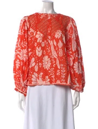 Pre-owned Farm Rio Floral Print Crew Neck Blouse In Orange