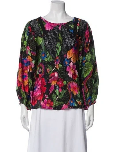 Pre-owned Farm Rio Floral Print Crew Neck Blouse In Pink