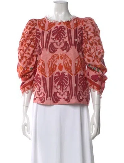 Pre-owned Farm Rio Floral Print Crew Neck Blouse In Pink