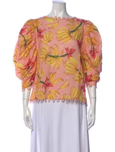 Pre-owned Farm Rio Floral Print Crew Neck Blouse In Pink
