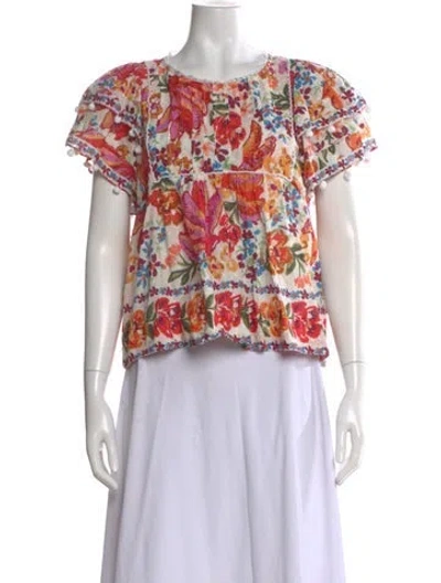 Pre-owned Farm Rio Floral Print Crew Neck Blouse In Purple