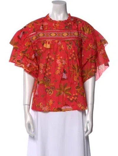 Pre-owned Farm Rio Floral Print Crew Neck Blouse In Red