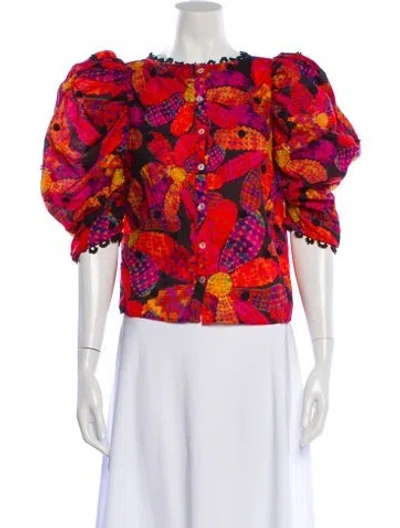 Pre-owned Farm Rio Floral Print Crew Neck Blouse In Red