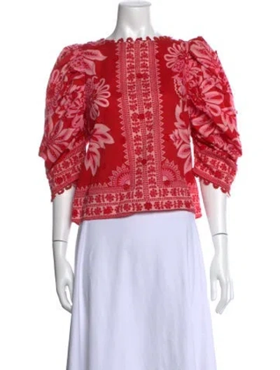 Pre-owned Farm Rio Floral Print Crew Neck Blouse In Red