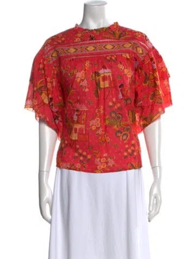 Pre-owned Farm Rio Floral Print Crew Neck Blouse In Red