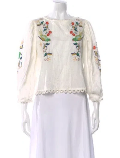 Pre-owned Farm Rio Floral Print Crew Neck Blouse In White